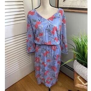 J Jill Dress Womens XL Blue Floral Midi Blouson Long Sleeve Modest Garden Party
